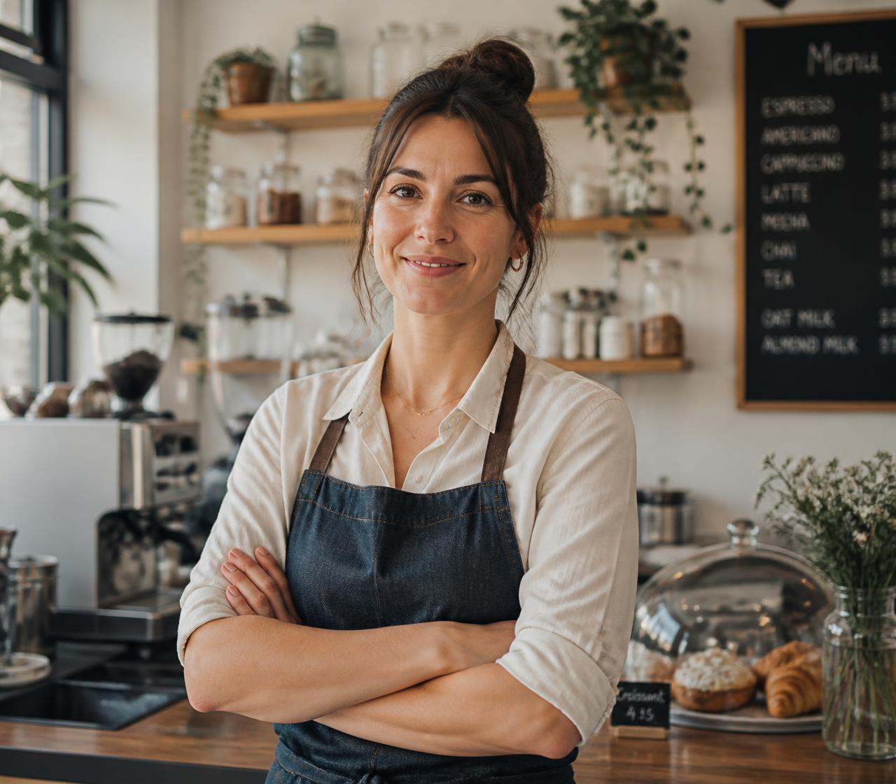 Local café owner standing in her shop